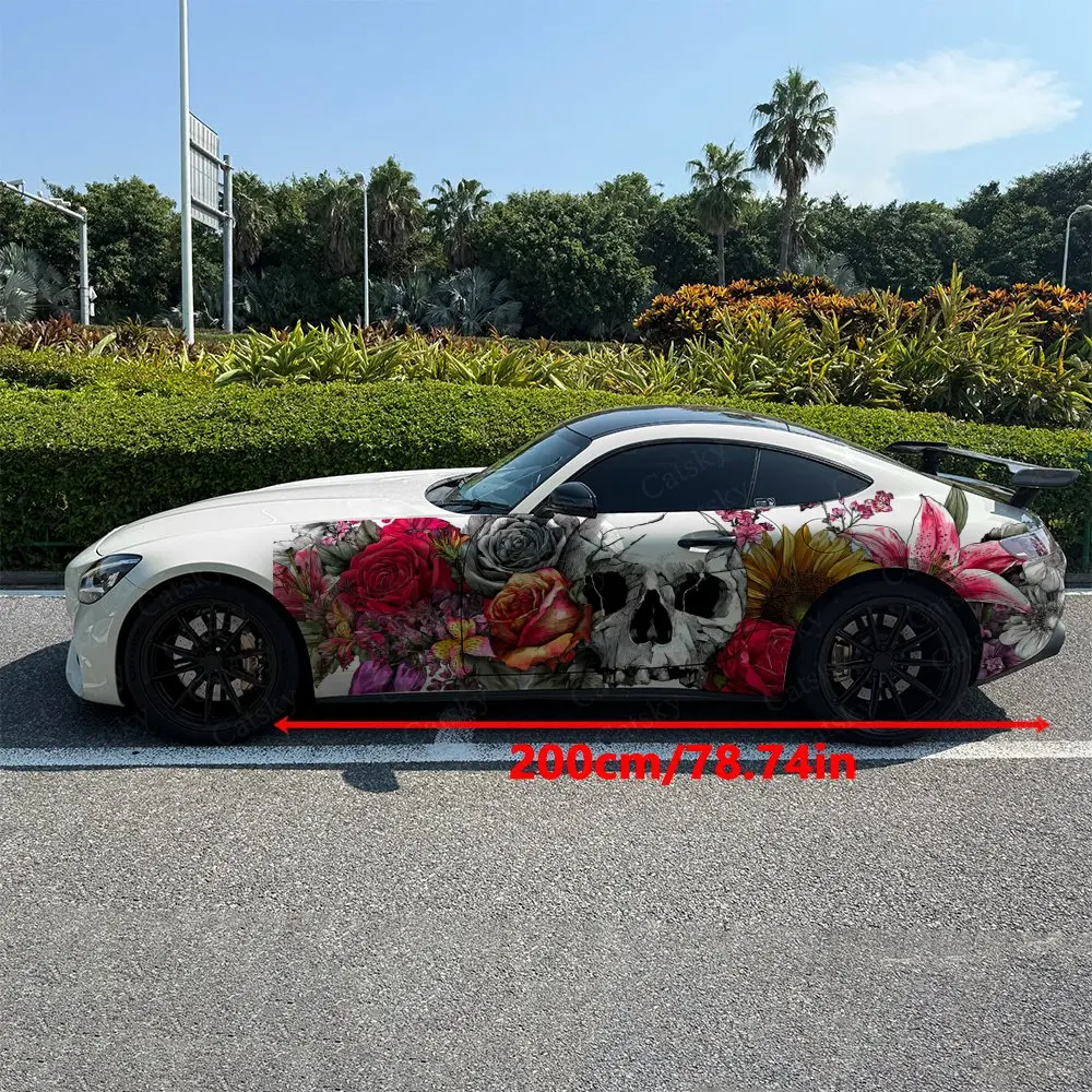 2pcs Flower Cluster Wrapped Skull Car Side Wraps, Self-Adhesive PVC Waterproof & Scratch-Resistant Stickers, Car Accessory Gift