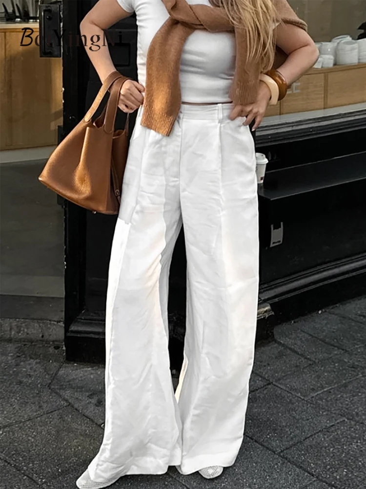 

Beiyingni 2021, весенне-осенние женские белые брюки, повседневные новые модные широкие брюки с высокой талией, элегантные женские свободные однотонные брюки