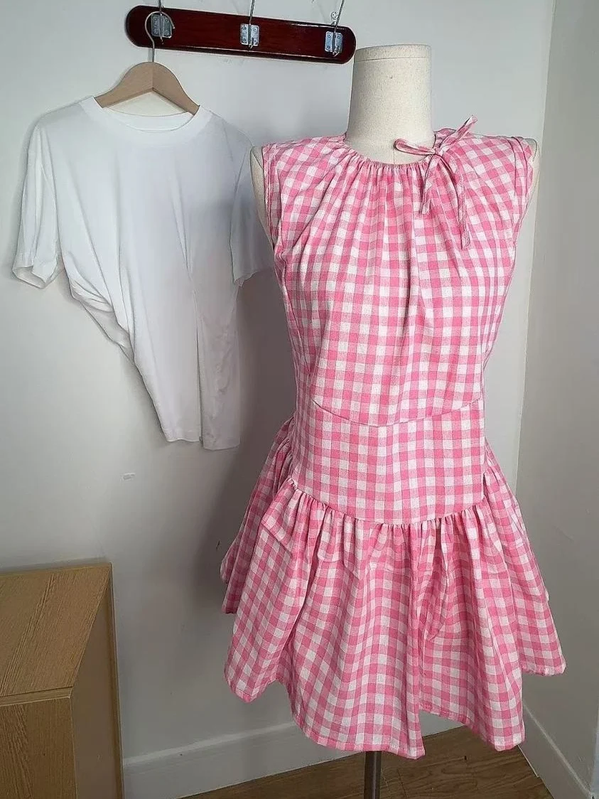 Plaid Dresses Women Sweet Sleeveless Bandage Summer Fashion New Elegant Mini Dress Casual Dress