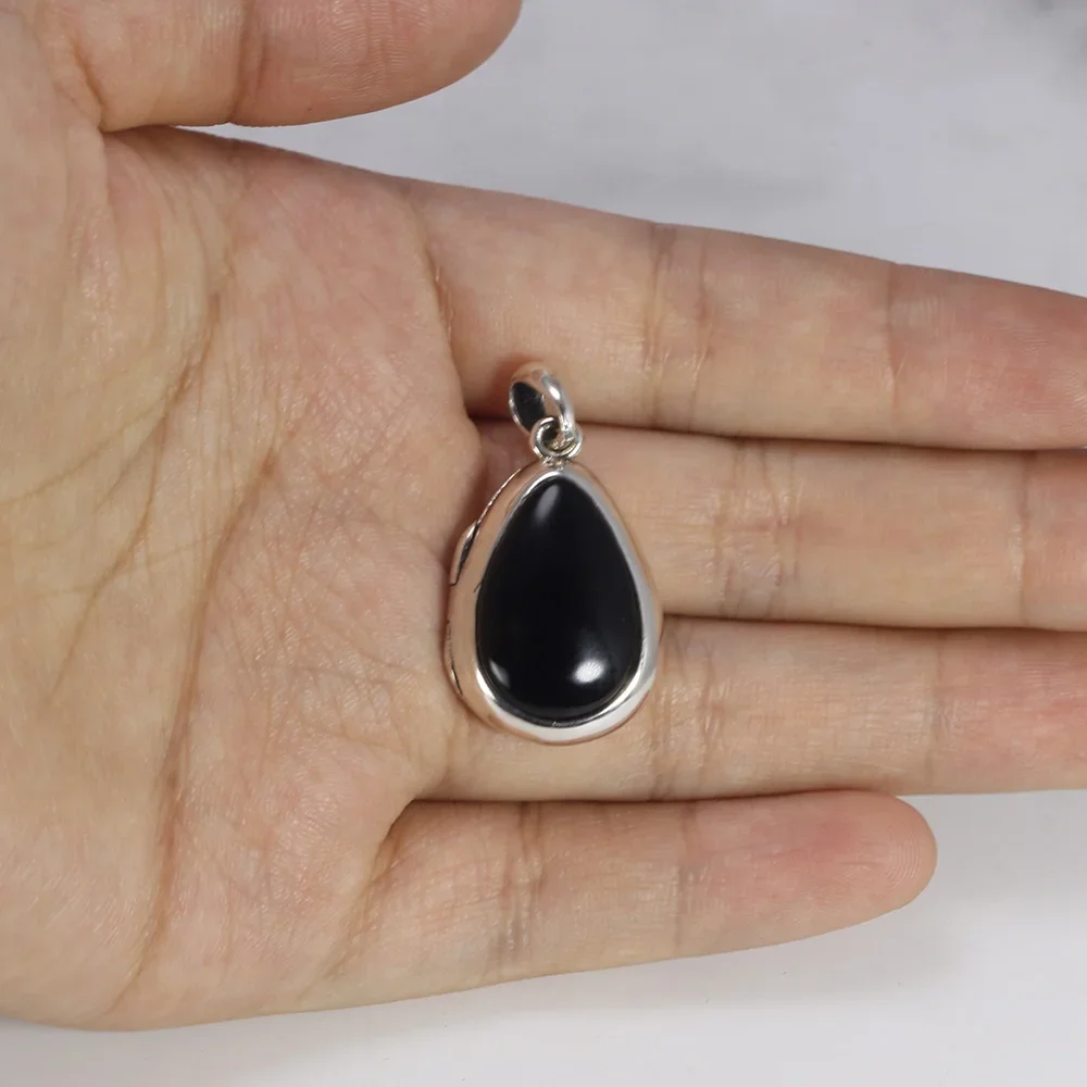 Colgante de plata de ley 925 con incrustaciones de ágata negra que se puede abrir, joyería de regalo Vintage para mujer