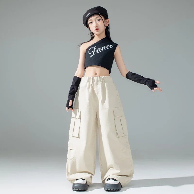 Hip hop jazz dança terno para menina cáqui shuffle calças kpop colheita topos modelo mostrar palco wear criança moda dança de rua outfit 3381