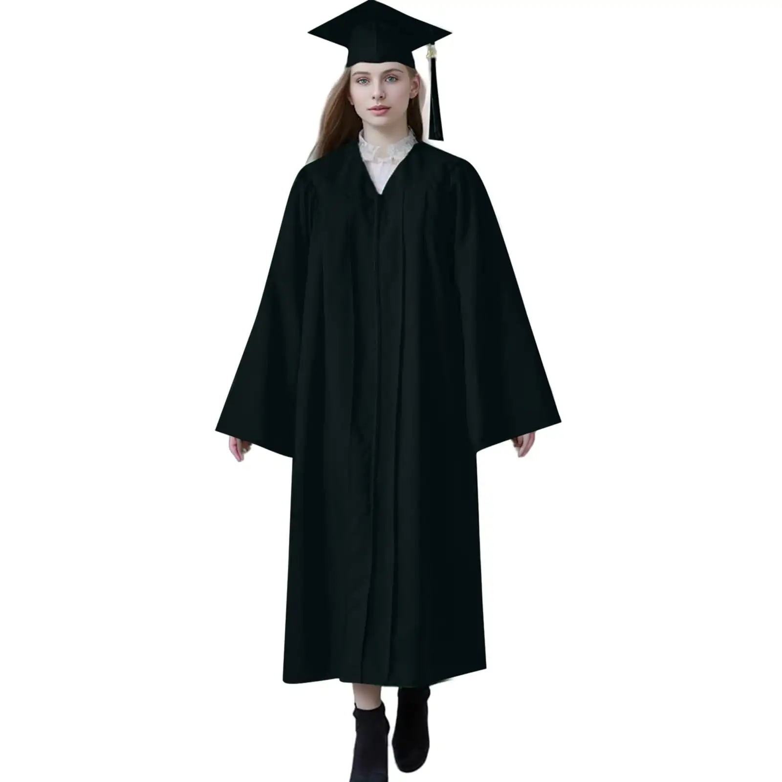 2024 Graduation Cap and Gown Set with Tassel for High School & College Long Sleeved Dress Breathable for Elegant Women Black