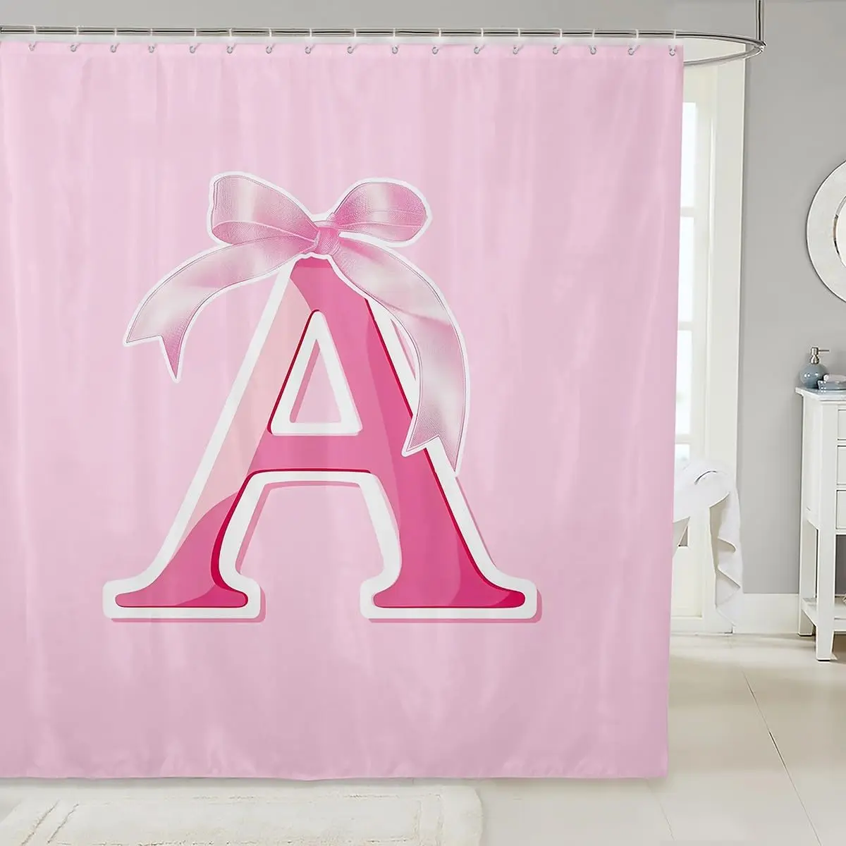 

Розовая занавеска для душа с бантом и буквой А, милый акварельный узор с бантом, декоративная занавеска для ванной комнаты, для девочек, для спальни, для декора ванной комнаты