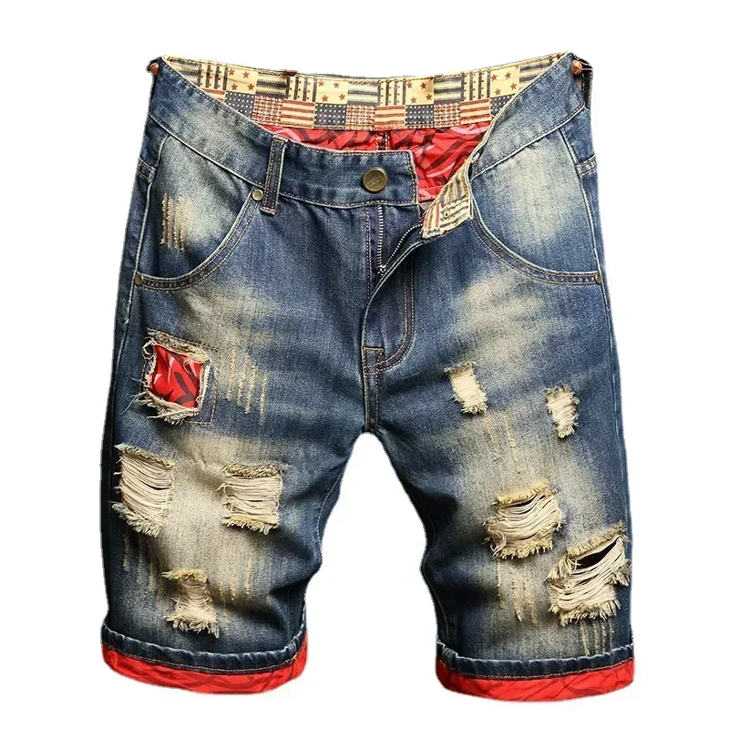 2024 Summer Ripped Denim Shorts Men's Short  Jeans Pants Loose Large Size Medium Fashion Brand Personality