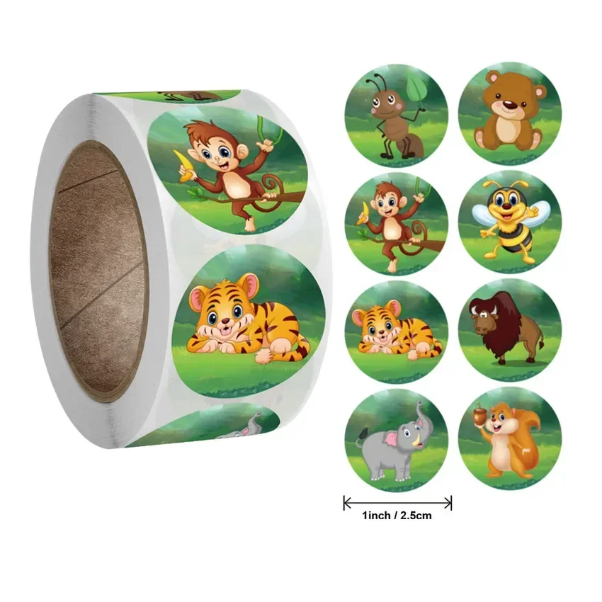 100/500pcs/ roll 1 inch zoo Animals Cartoon Stickers for kids classic toys sticker Labels School Teacher Supplies Reward Sticker