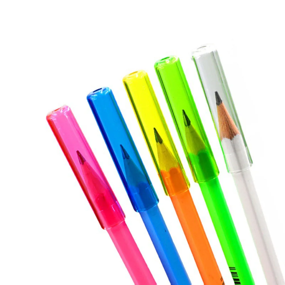 Cor transparente Lápis Protetor Capa, Estudante Pen Extender Cap, Papelaria Escola De Plástico, 6pcs