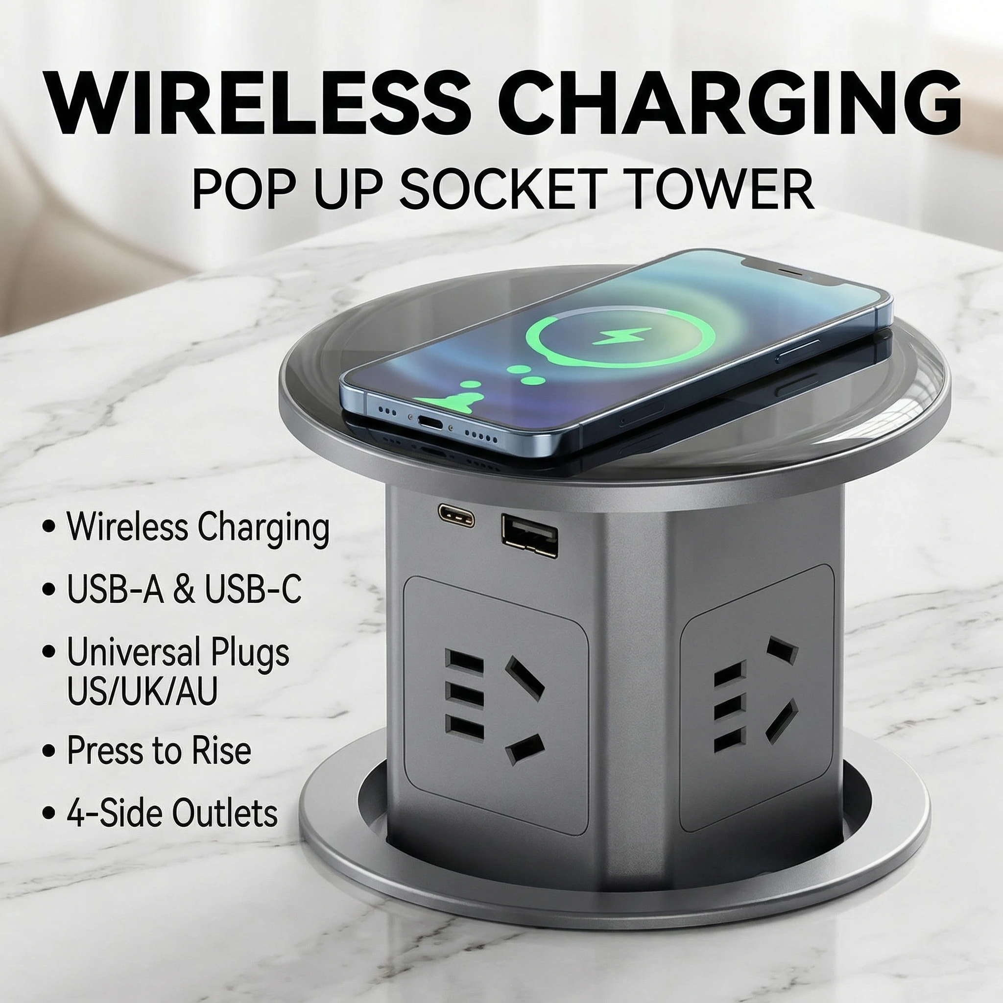 

Автоматическая выдвижная скрытая розетка-башня с USB-C, USB-A и беспроводной зарядкой для дома/офиса