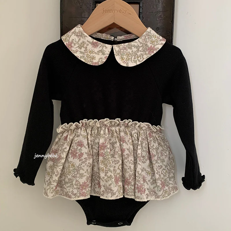 

2026 New Spring 0-24M Baby Girl Clothing Newborn Baby Girl Jumpsuit Long Sleeved Cotton Printed Splicing Infant Baby Bodysuits