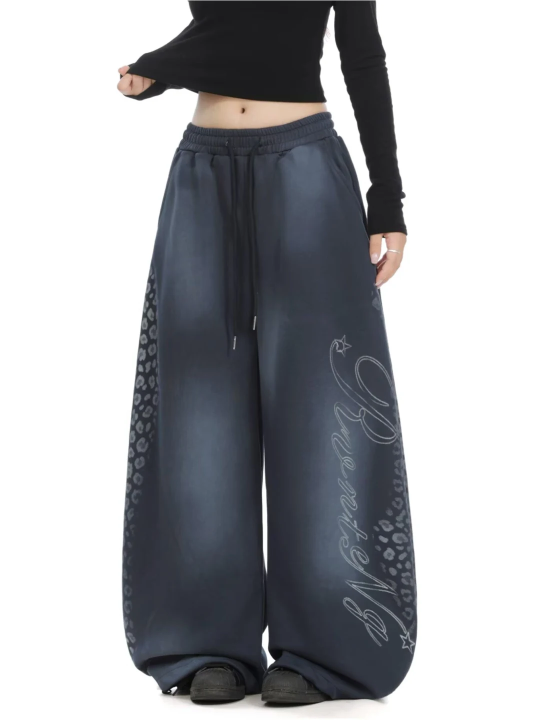 American Style Faded Letter Leopard Print Wide Leg Sweatpants Casual Loose Dance Loose Knife Pants Men Women Design Sense Hip...