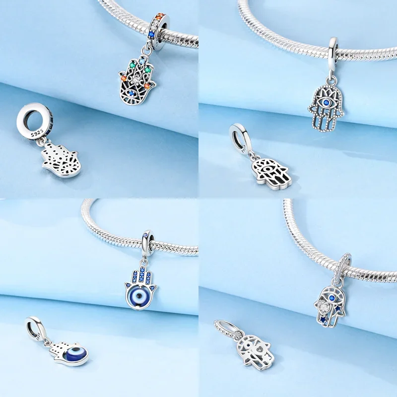 925 Sterling Silver Hamsa Hand Evil Eye Charms Color S925 Beads Pendent Fit Original Bracelets DIY Fine Jewelry Gifts for Women