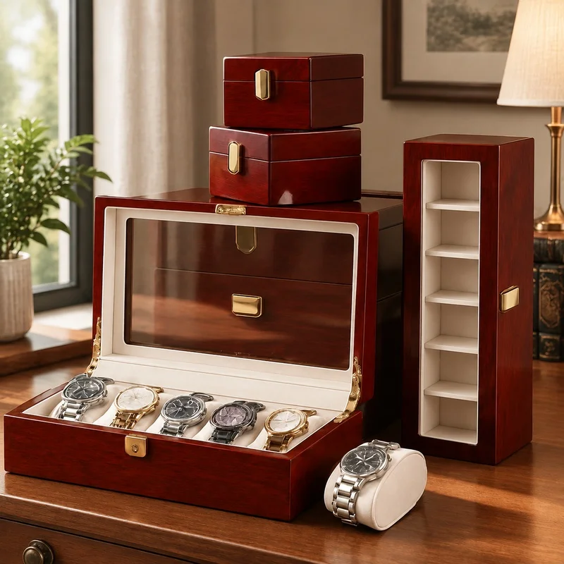 Wooden Jewelry and Watch Organizer with Multiple Sections, 1-12 Slots, Stylish Storage Solution for Men and Women