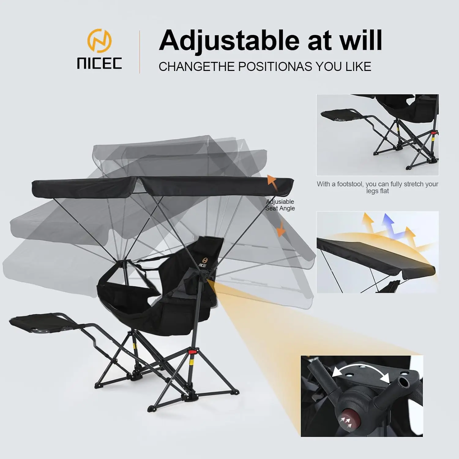 Portable Swinging Hammock Camping Chair with Canopy Shade, Detachable Footrest, Cup Holder and Carry Bag - Folding Rocking Umbrella Chair for Beach, Camping (1 Pack) - view 3