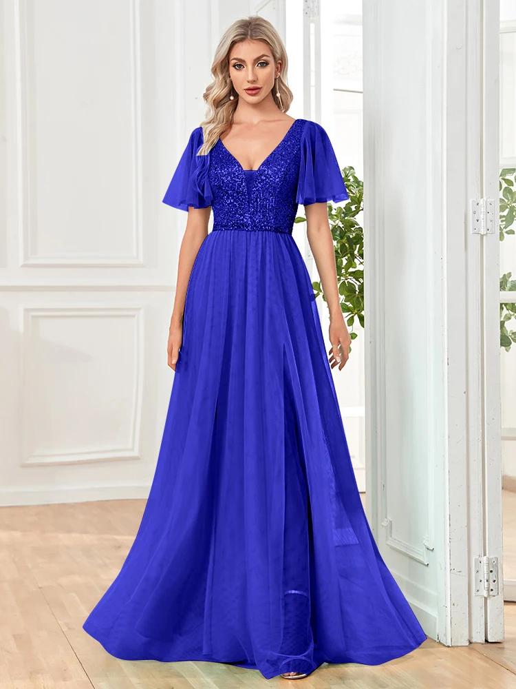 XUIBOL 2024 Women Elegant Blue Sequin Formal Evening Dress Mesh Leaf Maxi Prom Dress Sparkle V-Neck Short Sleeve Long Dress