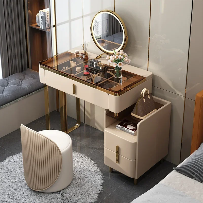 

Luxury Storage Light Vanity Table Organizer Mirror Stool White Dressing Table Cabinets Makeup Comoda Pra Quarto Home Furniture