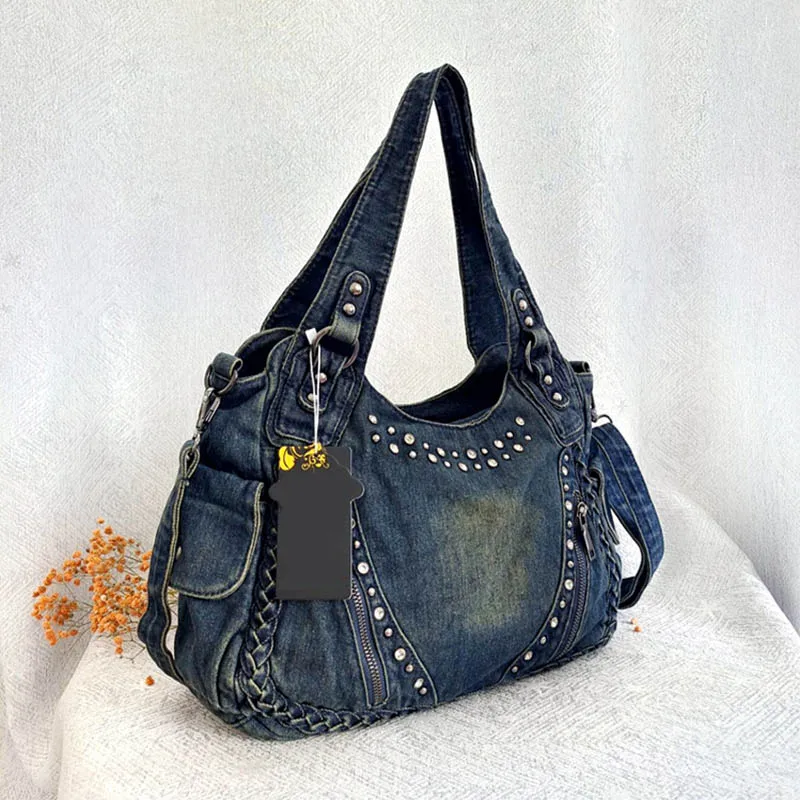 Denim Retro Unisex Grote Capaciteit Klinknagel Meerdere Zakken Handtas Schouder Messenger Crossbody Tas Tas Jean Vrouw Portemonnee