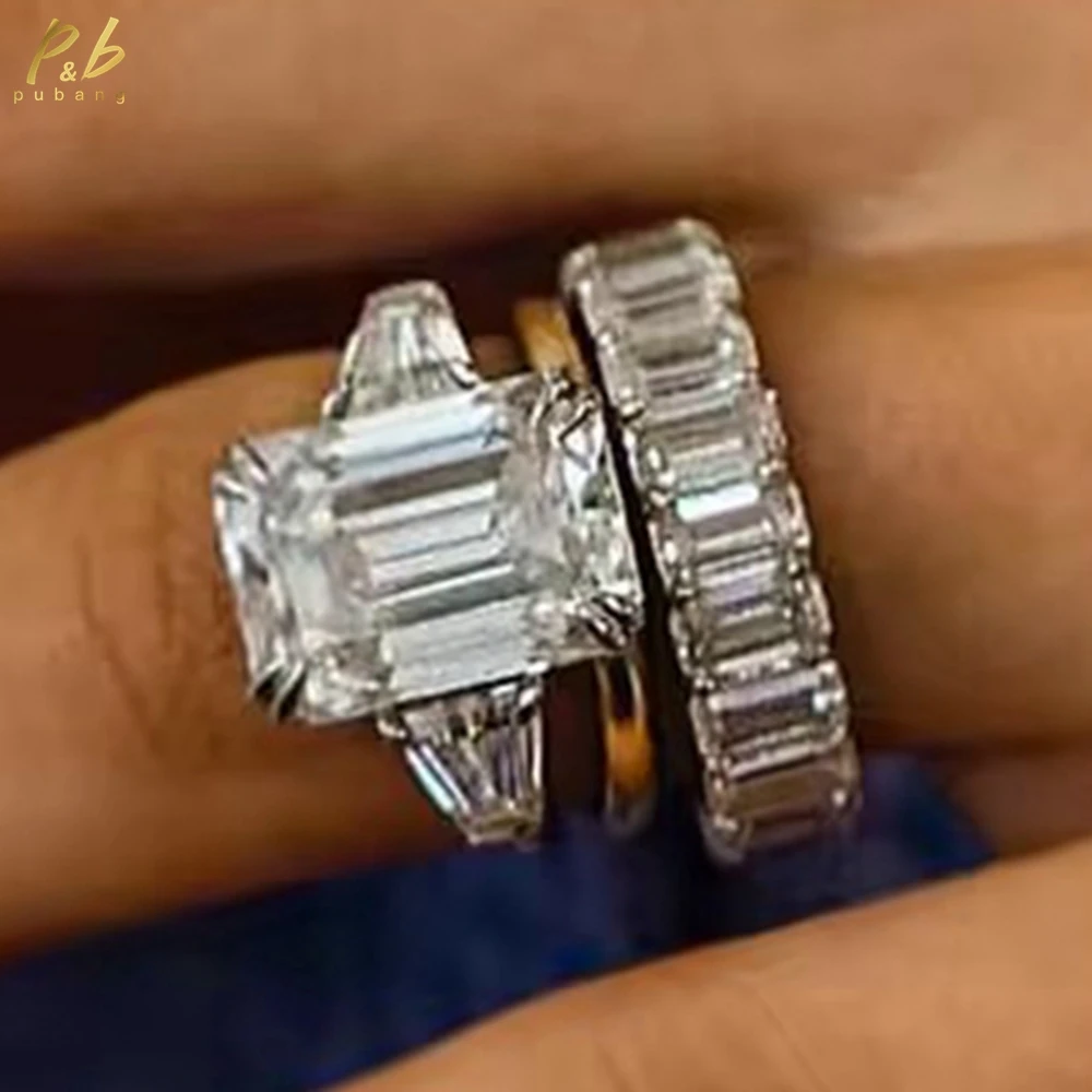 

PuBang Sparkling VVS1 3EX D Color Moissanite Engagement Women Ring Diamond Real 18k Gold 10 Carat Emerald Cut Anniversary Gifts
