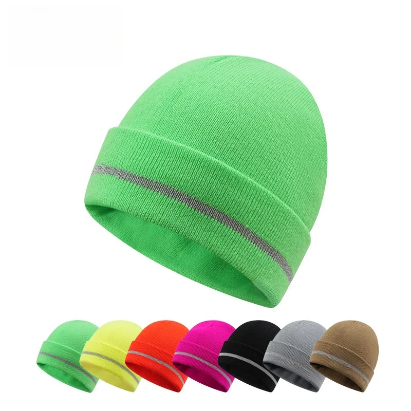 Fluorescent Knit Beanie Hat Reflective Warning Warm Winter Outdoor Pull On Cap for Men Cycling Railway Cold Weather