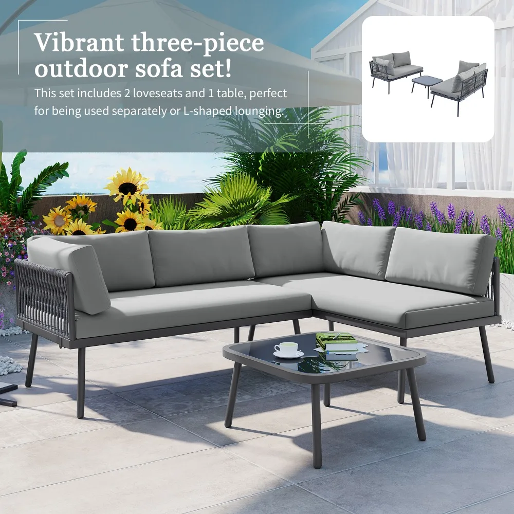 3-Piece PE Rattan Sofa Set All Weather Patio Metal Sectional Furniture Set with Cushions and Glass Table