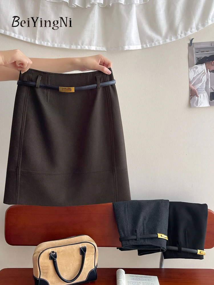 Beiyingni Korean High Waist Skirts for Women Plain Elegant Commute Pack Hip Skirt Belted Casual Black Woolen A-line Short Skirt