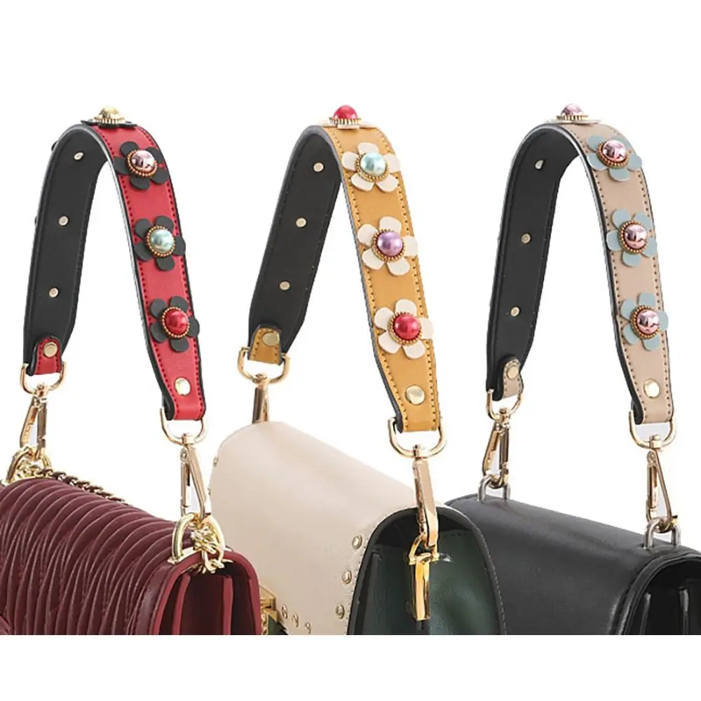 2024 New Pearl Flower Leather Bag Strap 58cm Long Versatile Handbag Handle Belt Purse Strap Replacement Bag Accessorie for Women