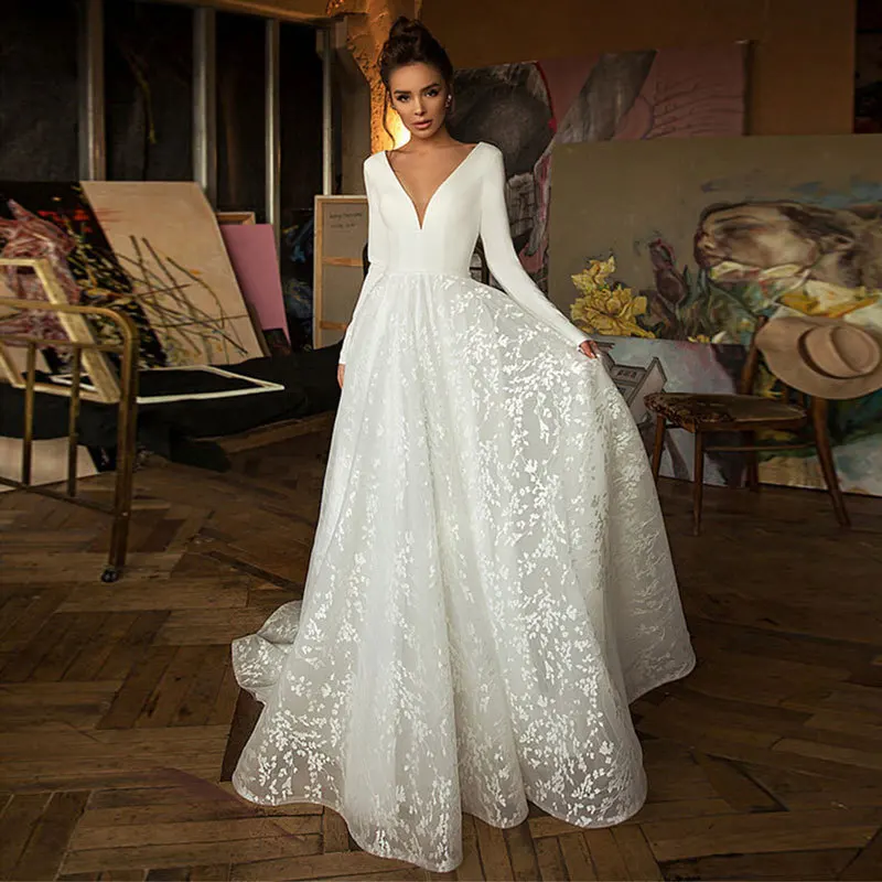 

Long Sleeves Luxury Elegant Wedding Dresses Tulle V-Neck Mermaid Lace Bridal Gown Summer Vestidos de Novia