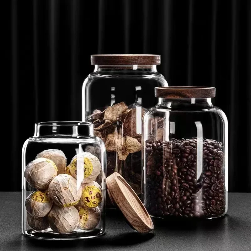 1PCS Coffee Bean Glass Storage Jar Large Capacity Sealed Storage Wood Cover Coffee Bean Storage Jar Organizer Kitchen Containers