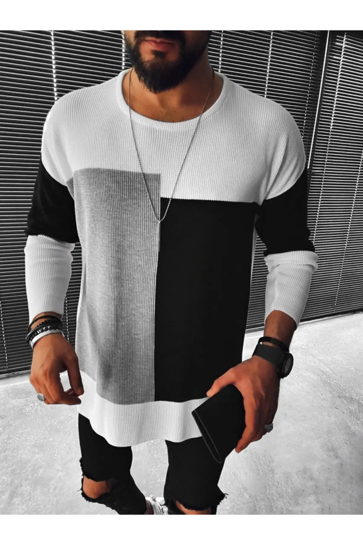 Men\'s Oversize Tri-Color Sweater Gray Black White Pieced New Fashion Winter Autumn Casual Cotton High Quality Style Crew Neck