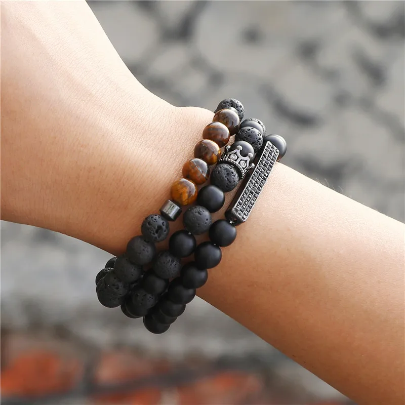 A 3-6Pcs Jewelry Volcanic Stone Crown Personalized High Quality Men's Beaded Elastic bijoux en acier inoxydable vrai Bracelet