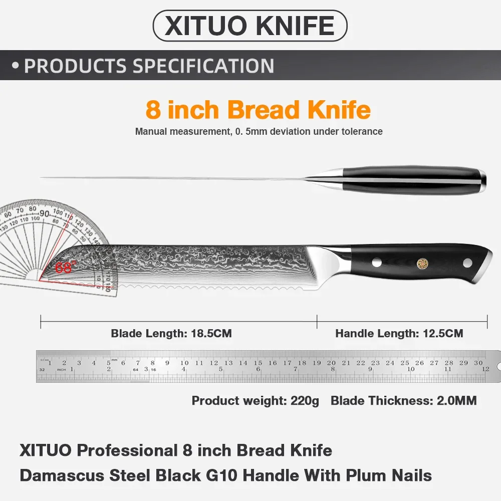 XITUO Professional Bread Knife 8 Inch Sharp Damascus Steel Family Restaurant Kitchen Toast ,Cake Cooking Knife Black G10 Handle