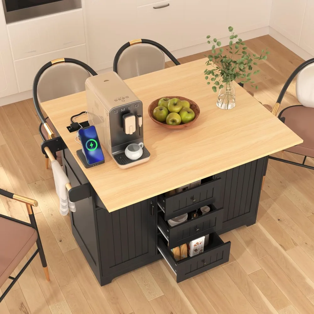 

Large Kitchen Island on 5 Wheels with 2 Drop Leaf, Rolling Kitchen Island with Power Outlet and 3 Drawers