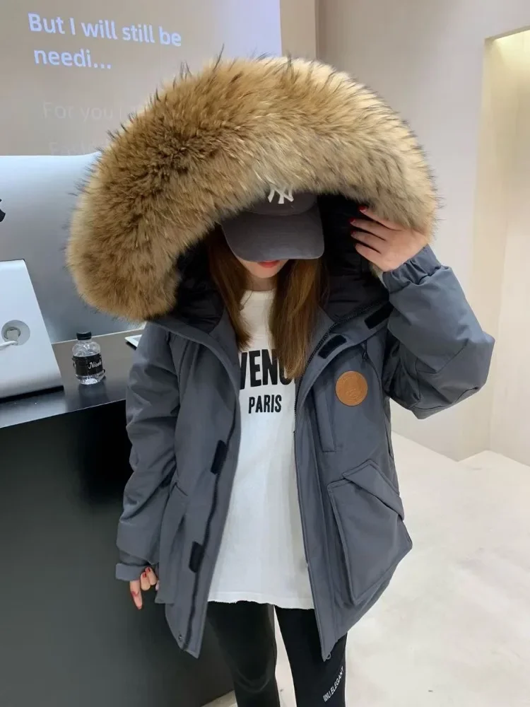 Super Large Fur Collar Thicken Down Jacket Winter Hooded Loose Fashion Commuter Tooling Pike Short White Duck Puffer Coat Women