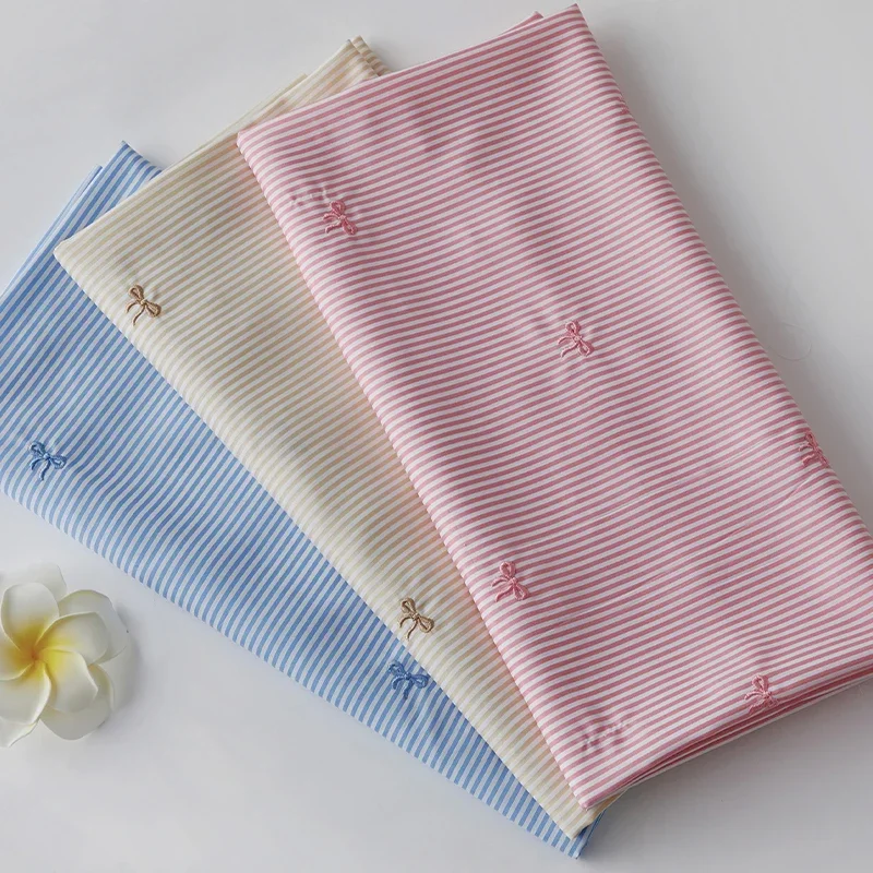 Vestido camisero de tela a rayas con bordado de lazo, ropa para niños, tela de costura artesanal, anillo para el pelo del intestino grueso, tela hecha a mano de 1x1,45 m