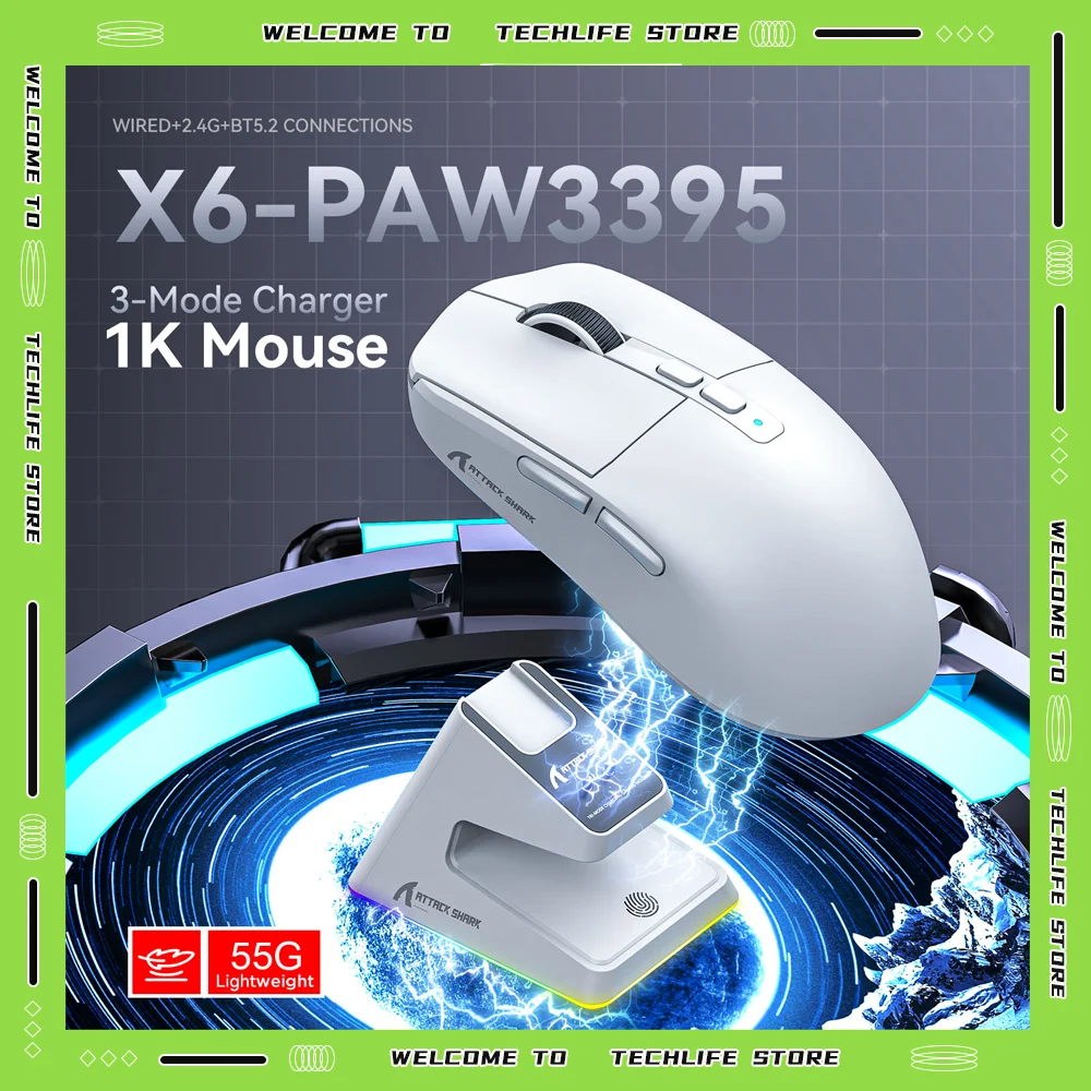 

Attack Shark X6 Gaming Mouse Ultra Light Tri Mode 2.4G BT Wireless Pixart 3395 Sensor 8K Polling 26000 DPI Micro Switch Esport