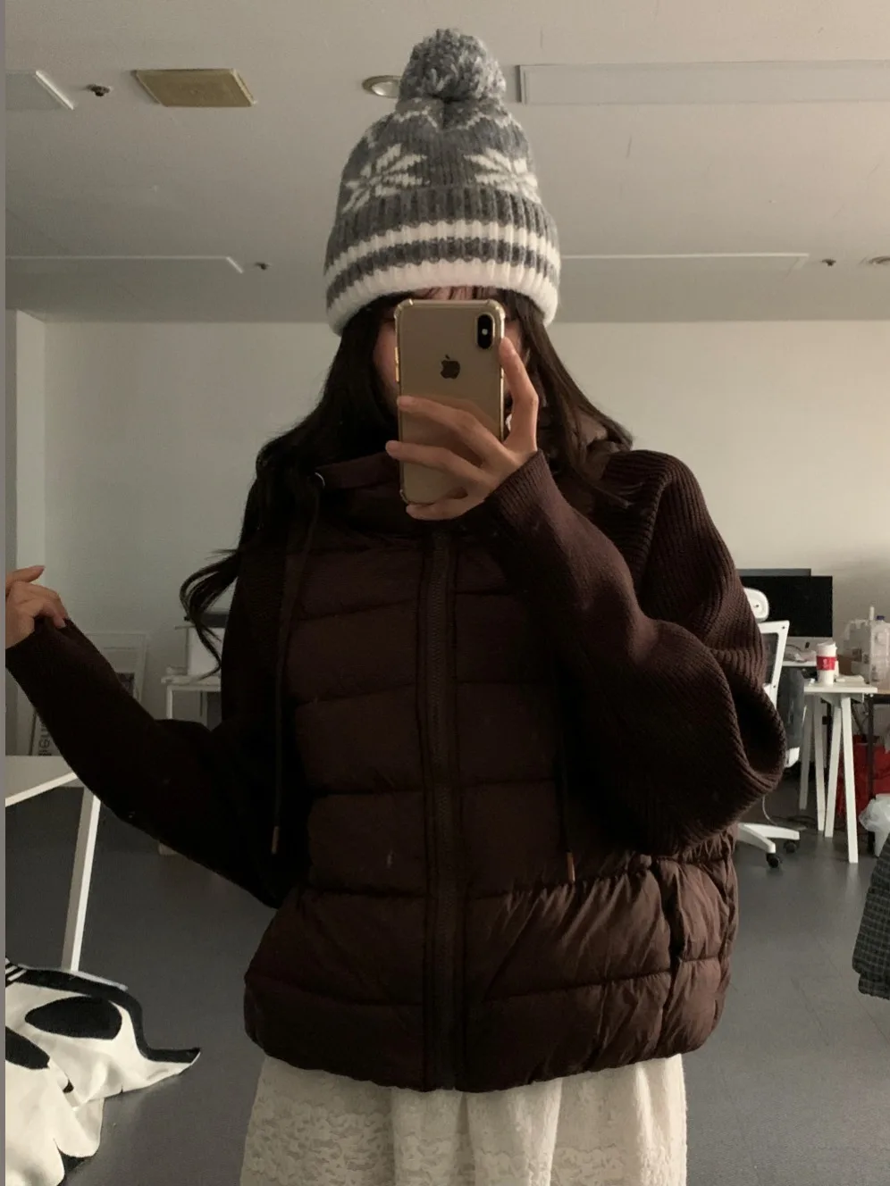 Koreańska dzianinowa kurtka z kapturem, patchworkowa, bawełniana, damska, zimowa, luźna, imitacja dwuczęściowej, ciepła kurtka z bawełny ort.