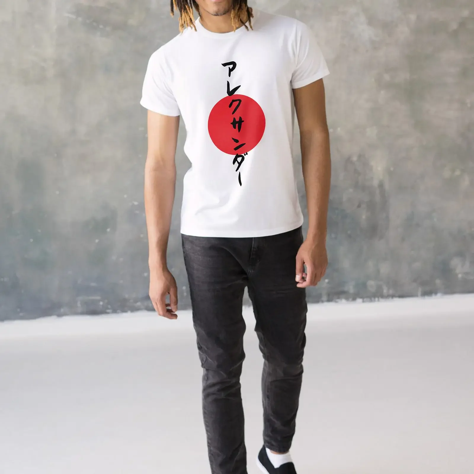 Herren Weißes Baumwoll-T-Shirt mit Japanischem Katakana Rot-Sonnen-Print, Lässiger Vintage-Look, Streetwear, Leicht Unisex-Stil, Dehnbar