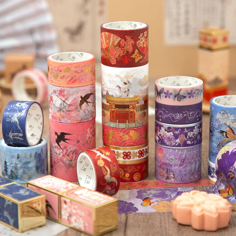 

5 rools/set Chinese style and paper tape art retro color printing bronzing hand account decoration material landscaping stickers