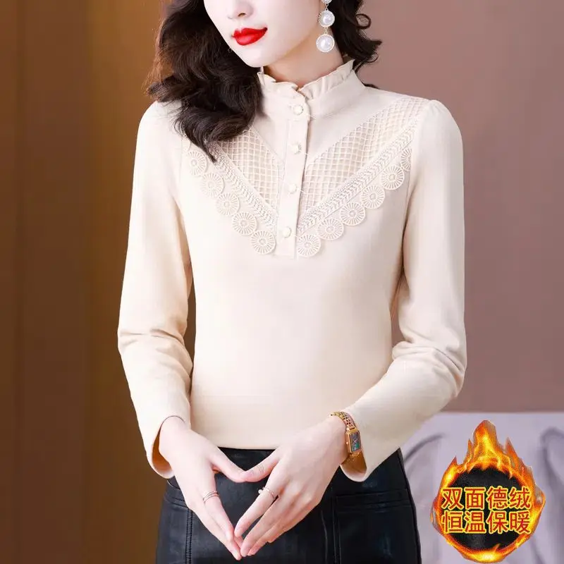 Autumn Winter Women Korean Elegant Ruffle Lace Slim Warm Long Sleeve Basic T-shirts Retro Half High Collar Ladies Tops Clothing