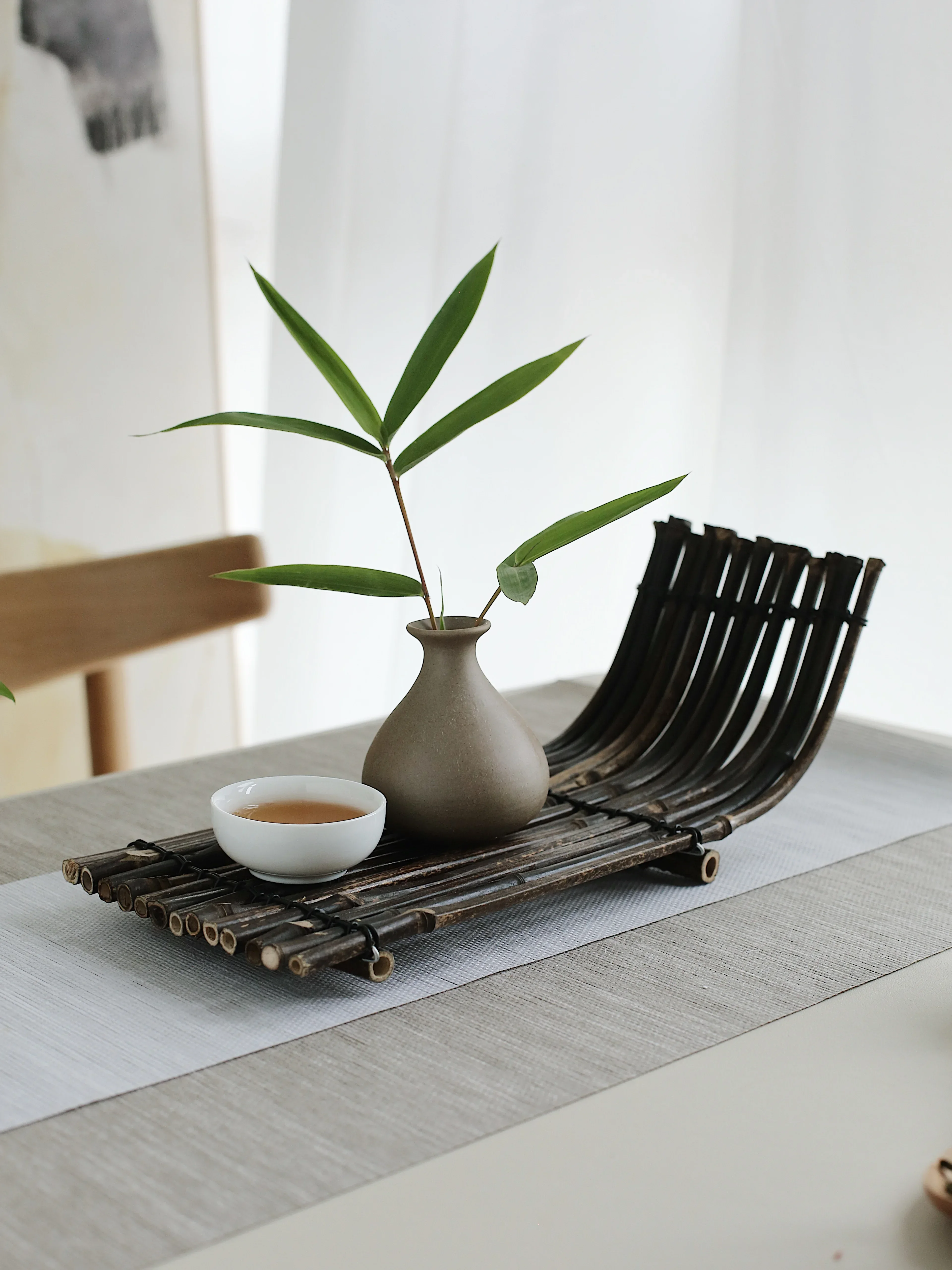 

Antique Style Creative Purple Bamboo Boat Shaped Tray Tea Set Ceremony Retro Art Row Display Rack Decorative Gongfu Tea Tray