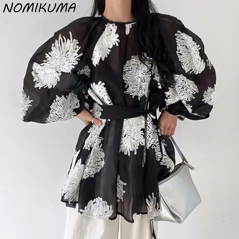 

Шикарная блузка Nomikuma с цветочной вышивкой, корейские элегантные женские рубашки с рукавами-фонариками и завязкой на талии, корейские летние женские топы