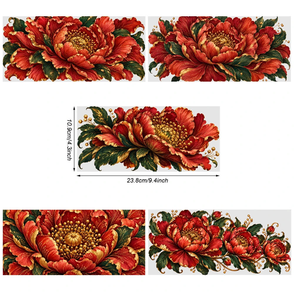 5 Sheets Red Floral Peony Pattern UV DTF Stickers UV DTF Stickers Cups Decoration Waterproof Rub on Transfers
