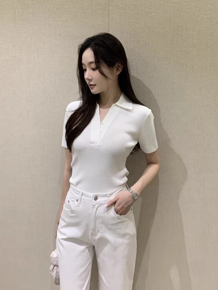 

Slim Fit V-Ne ort Sve Knitted irt Women's Summer New Sle Retro Button up Top Korean Sle Commute Faion