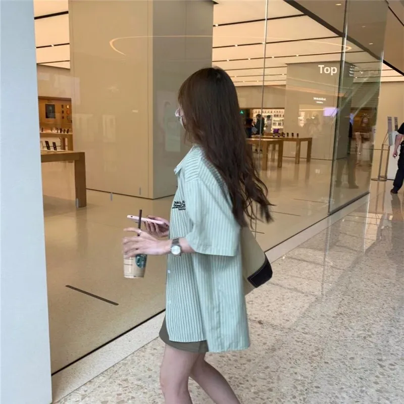 Retro Striped ort Sve irt Loose Casual Women's Design Summer Top UV Protection Chinese Sle  Collar Button Closure