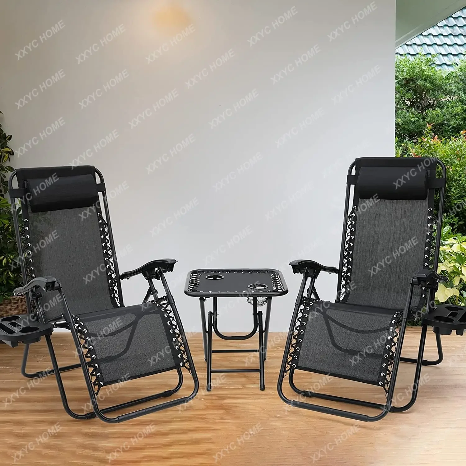 3Pcs Sun Lounger Set with Table,Pillow Outdoor Textilene Adjustable Zero Gravity Folding Reclining Lounge Chair, Garden Recliner