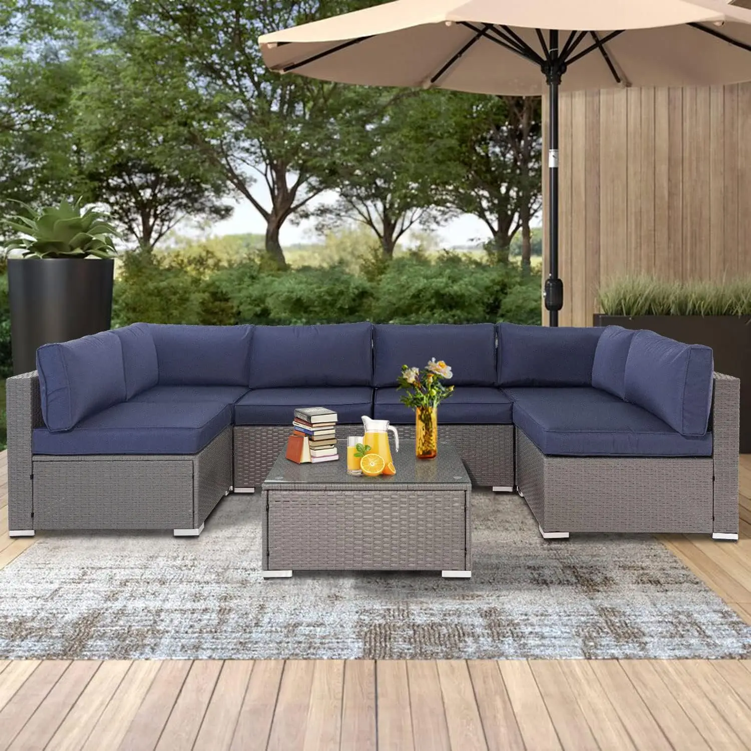 Outdoor Patio Sofa, All Weather Black Brown Wicker Sectional Furniture, Conversation Set with Washable