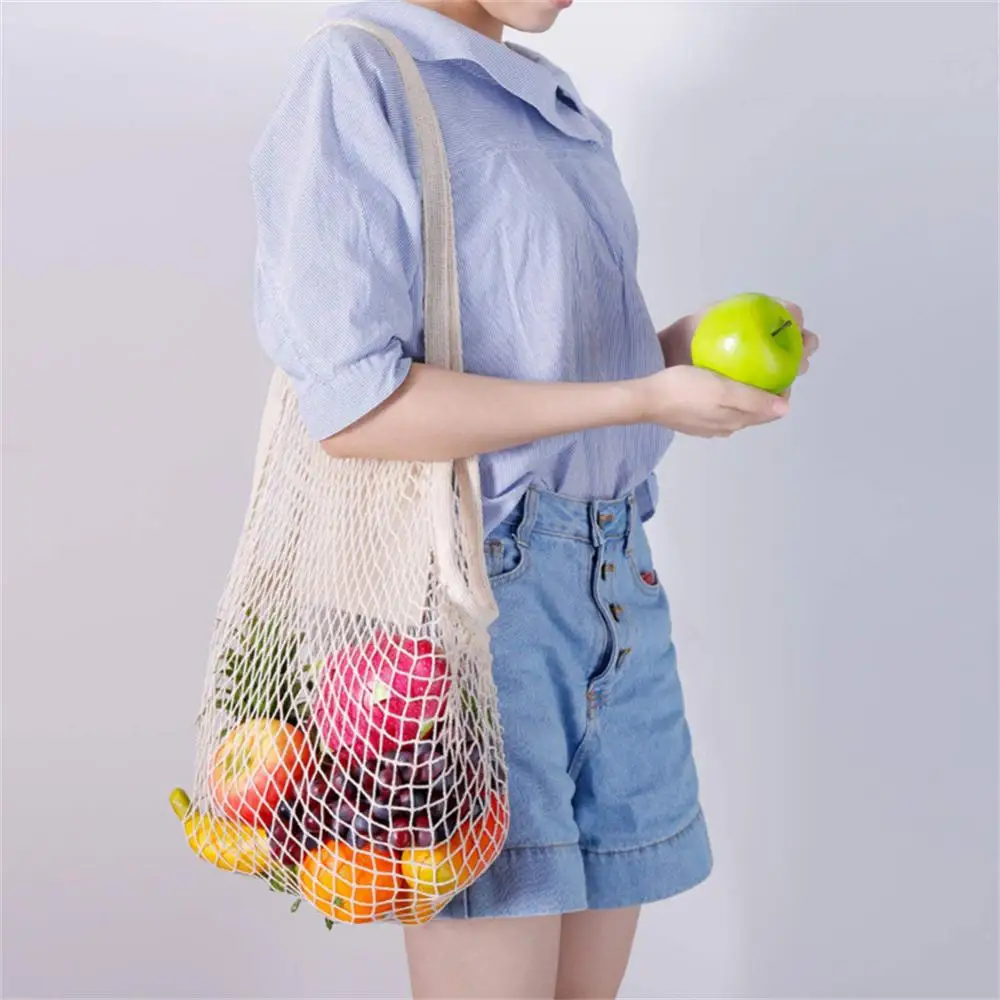 Cotton Net Pocket Portable Cotton Net Bag Friut Bag Grocery Bags Short Handle Net Tote Canvas Mesh Net Bag Long Bolsas De Compra