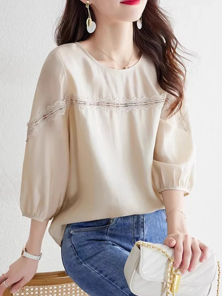

Faionable Lace Splice Loose Fit Summer Chiffon irt Slimming Seven Sve Women's Premium Sense Blouse Commute Sle Korea...
