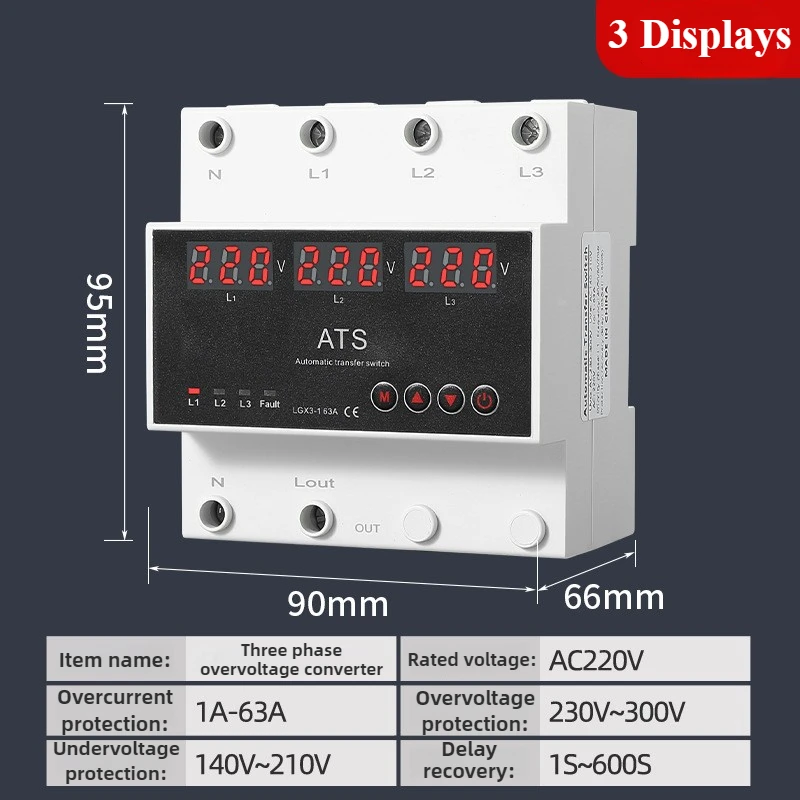 63A  3 Phase  Over Under Voltage Protector ATS Automatic Transfer Switch Phase Selector Uninterrupted Power Over Current