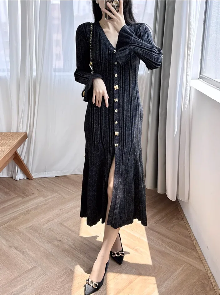 Knitted Mid-Length Dress 2024 New Women Long Sleeve Ribbed Party Dresses Elegant Lady Knitwear