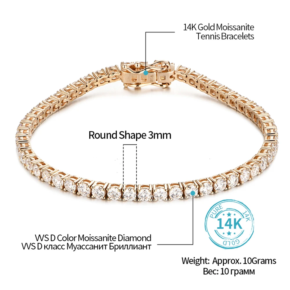 ATTAGEMS D/VVS1 Color Moissanite Tennis Bracelet for Women Solid 18K 14K 10K Gold Diamond Bracelet for Engagement Fine Jewelry