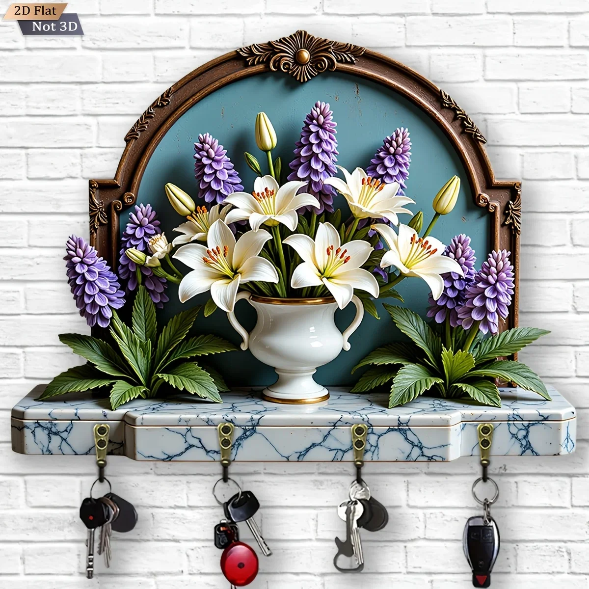 2D Flat, 1pc, Lily Hyacinth Retro Style Key Hook Wooden Multifunctional Home Key Rack with Four Metal Hooks, Wall Decoration,